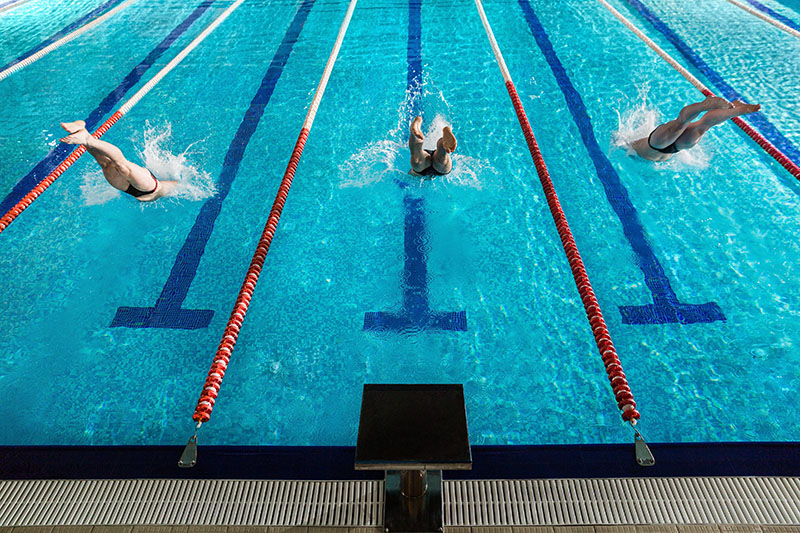 Three competitive swimmers diving into a pool