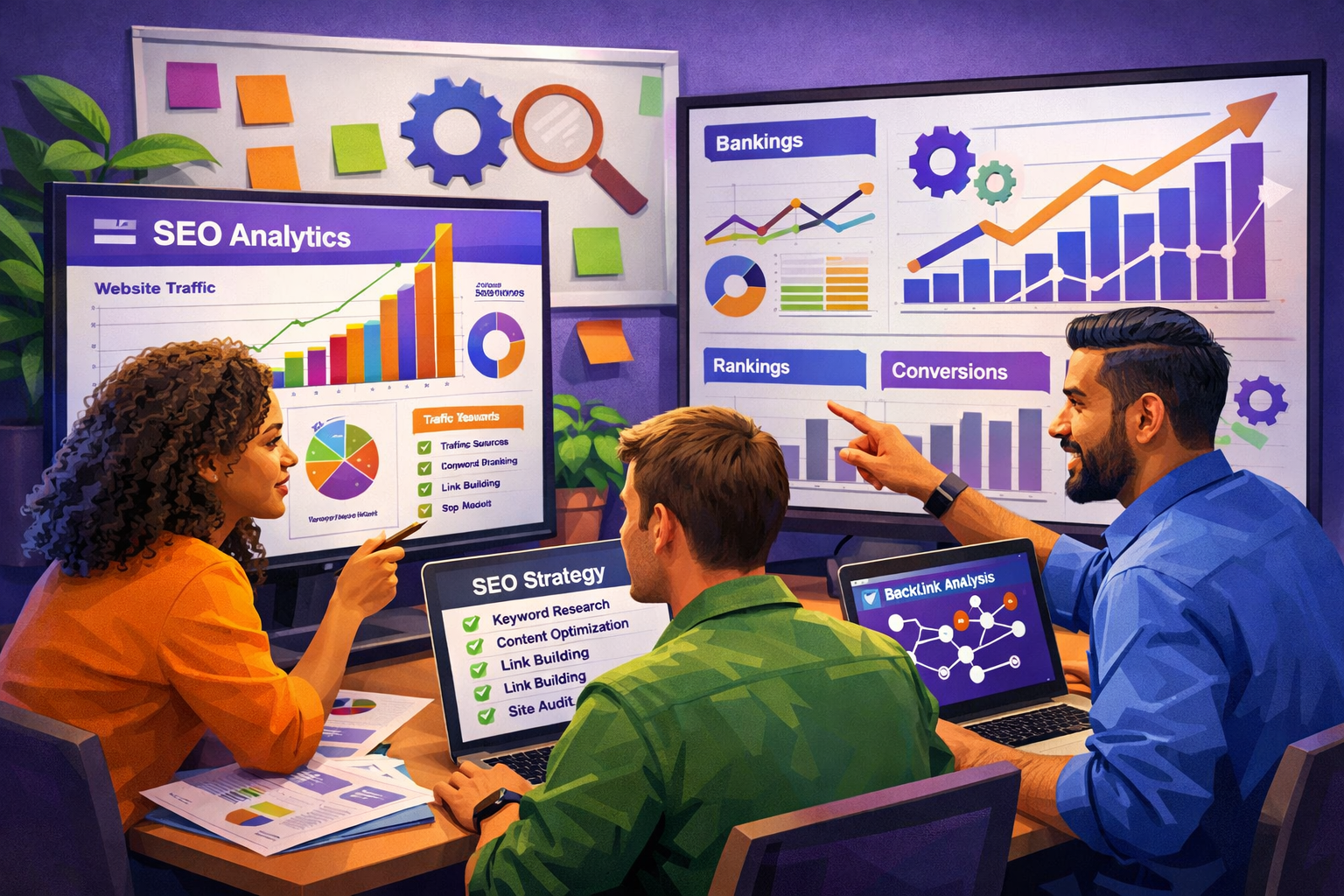 Small business marketing team reviewing dashboards as part of SEO services for small businesses