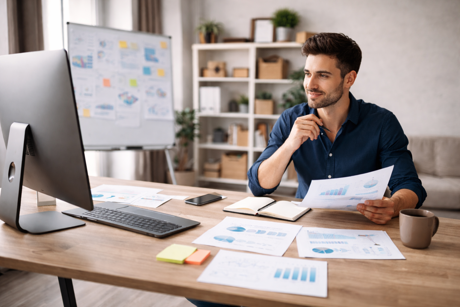 Small business owner reviewing marketing analytics and planning Q1 strategy at a modern desk